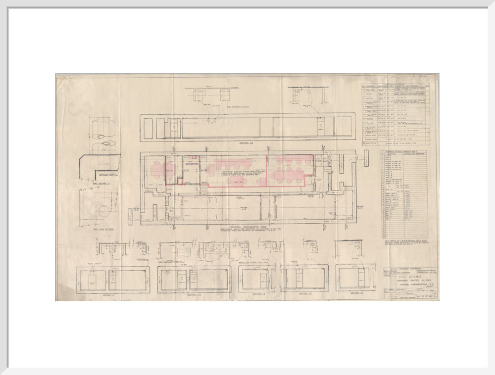General arrangement of standard control shelters for civil defence (nuclear air raid bunker). art print extra large white Art Print - Science Museum Shop