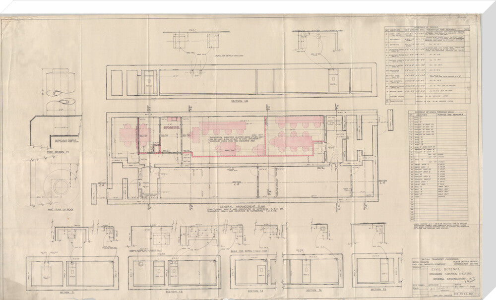 General arrangement of standard control shelters for civil defence (nuclear air raid bunker). stretched canvas extra large none Art Print - Science Museum Shop