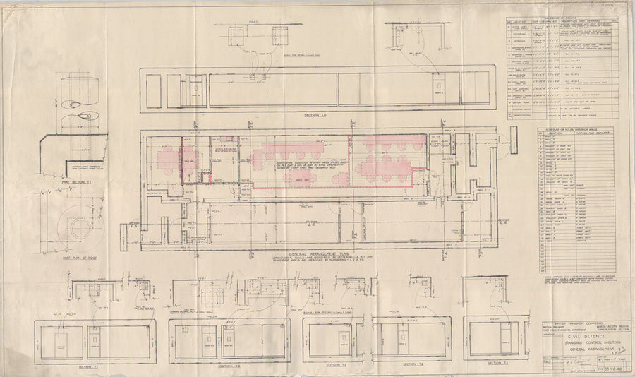 General arrangement of standard control shelters for civil defence (nuclear air raid bunker). Art Print - Science Museum Shop