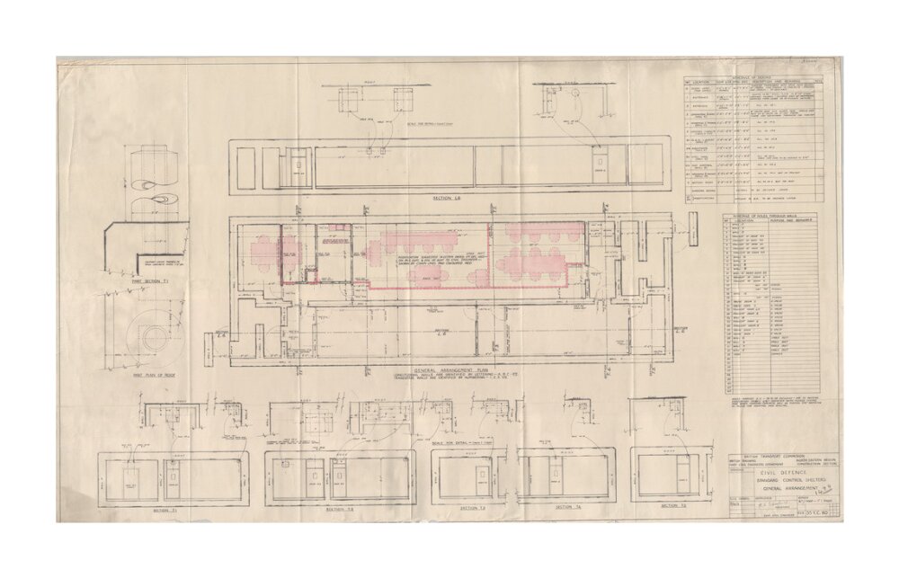 General arrangement of standard control shelters for civil defence (nuclear air raid bunker). unstretched canvas extra large none Art Print - Science Museum Shop