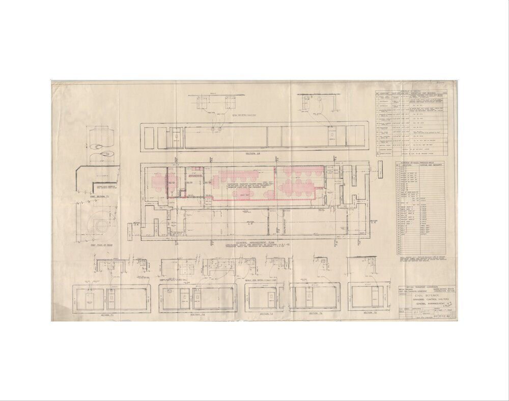 General arrangement of standard control shelters for civil defence (nuclear air raid bunker). art print extra small none Art Print - Science Museum Shop