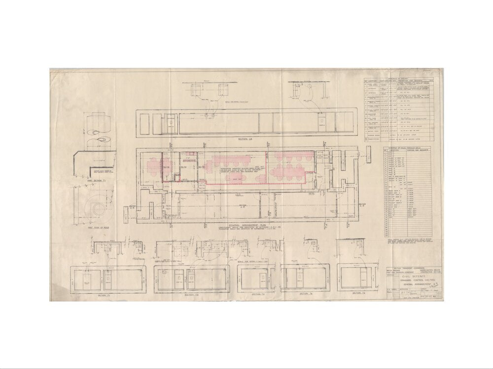 General arrangement of standard control shelters for civil defence (nuclear air raid bunker). art print small none Art Print - Science Museum Shop