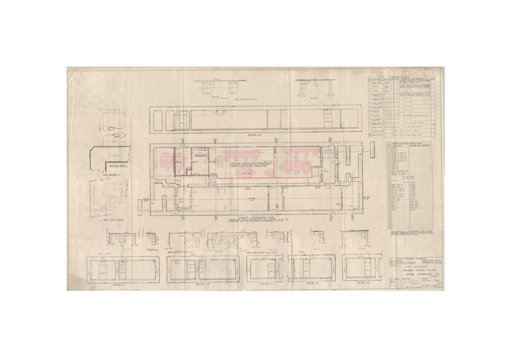 General arrangement of standard control shelters for civil defence (nuclear air raid bunker). unstretched canvas small none Art Print - Science Museum Shop