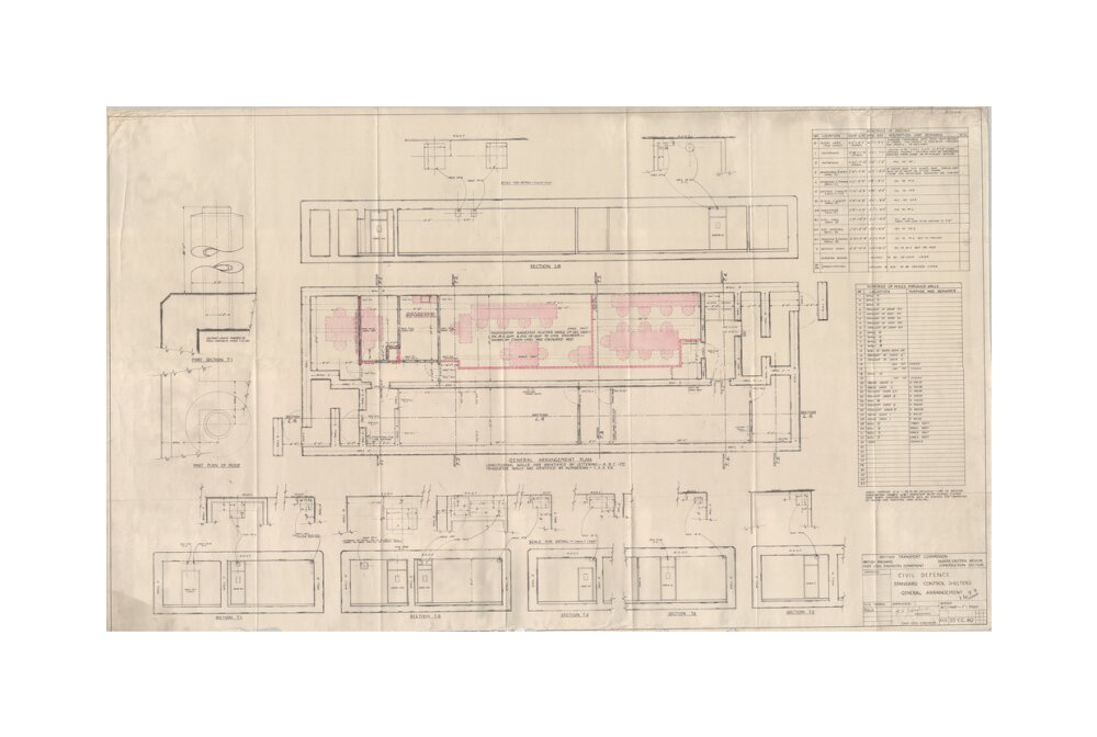 General arrangement of standard control shelters for civil defence (nuclear air raid bunker). unstretched canvas medium none Art Print - Science Museum Shop