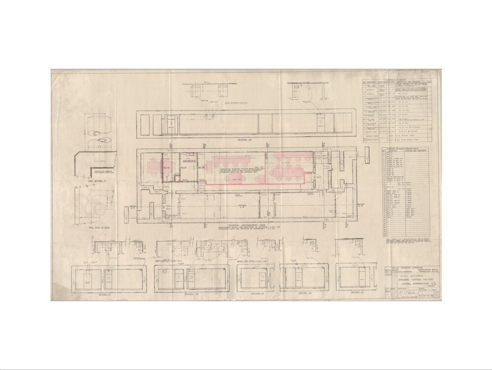 General arrangement of standard control shelters for civil defence (nuclear air raid bunker). art print large none Art Print - Science Museum Shop