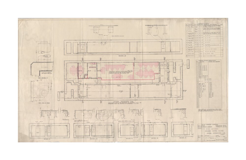 General arrangement of standard control shelters for civil defence (nuclear air raid bunker). unstretched canvas large none Art Print - Science Museum Shop
