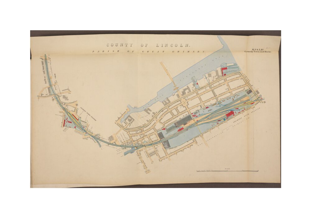 Plan of Grimsby Town and Docks showing, Grimsby Town station and Grimsby Dock station, etc, 1885. unstretched canvas medium none Art Print - Science Museum Shop