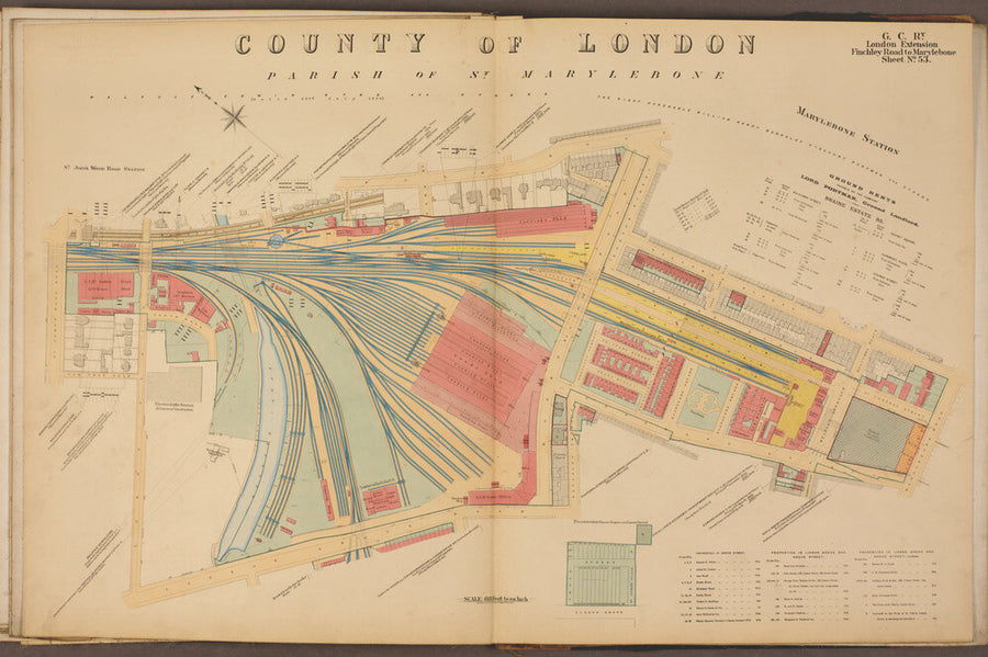 Plan of Marylebone station and surrounding area including platforms and offices, stables, goods shed and offices, etc, 1901. Art Print - Science Museum Shop