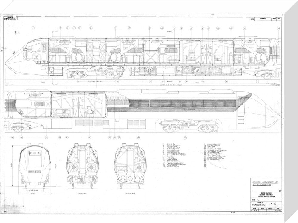 General arrangement of APT-E power car, British Railways research department, 1970. stretched canvas medium none Art Print - Science Museum Shop