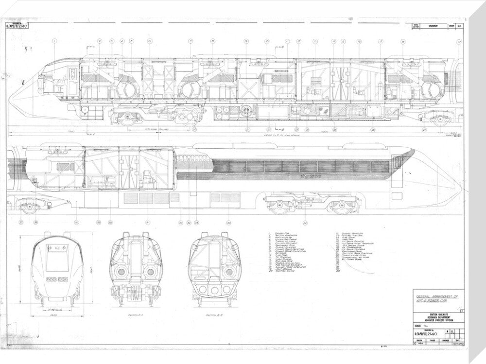 General arrangement of APT-E power car, British Railways research department, 1970. stretched canvas large none Art Print - Science Museum Shop