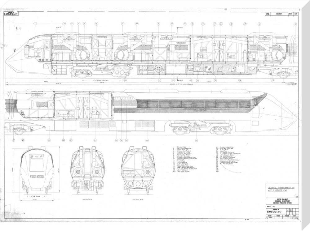 General arrangement of APT-E power car, British Railways research department, 1970. stretched canvas extra large none Art Print - Science Museum Shop