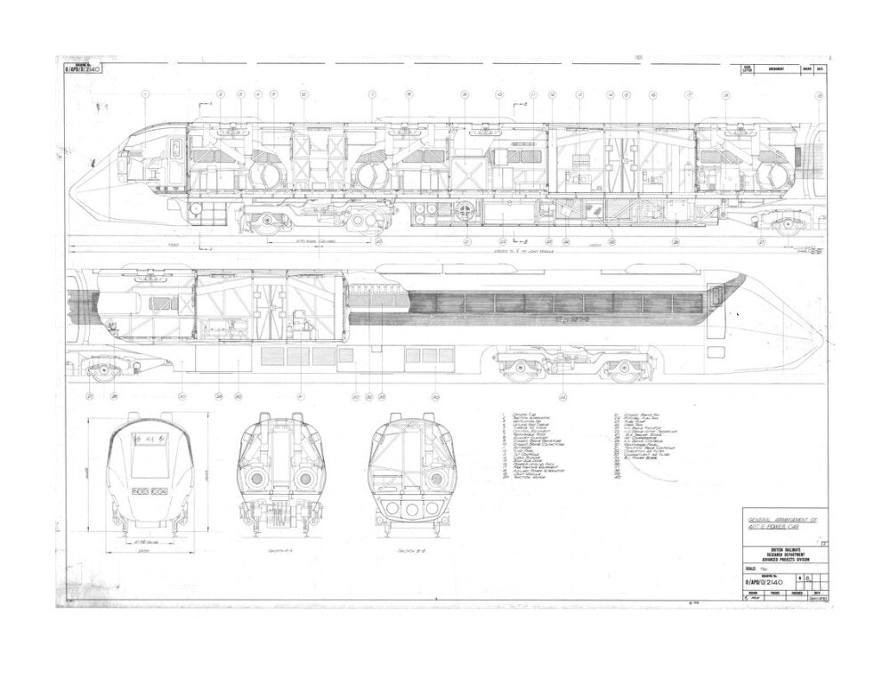 General arrangement of APT-E power car, British Railways research department, 1970. unstretched canvas extra large none Art Print - Science Museum Shop