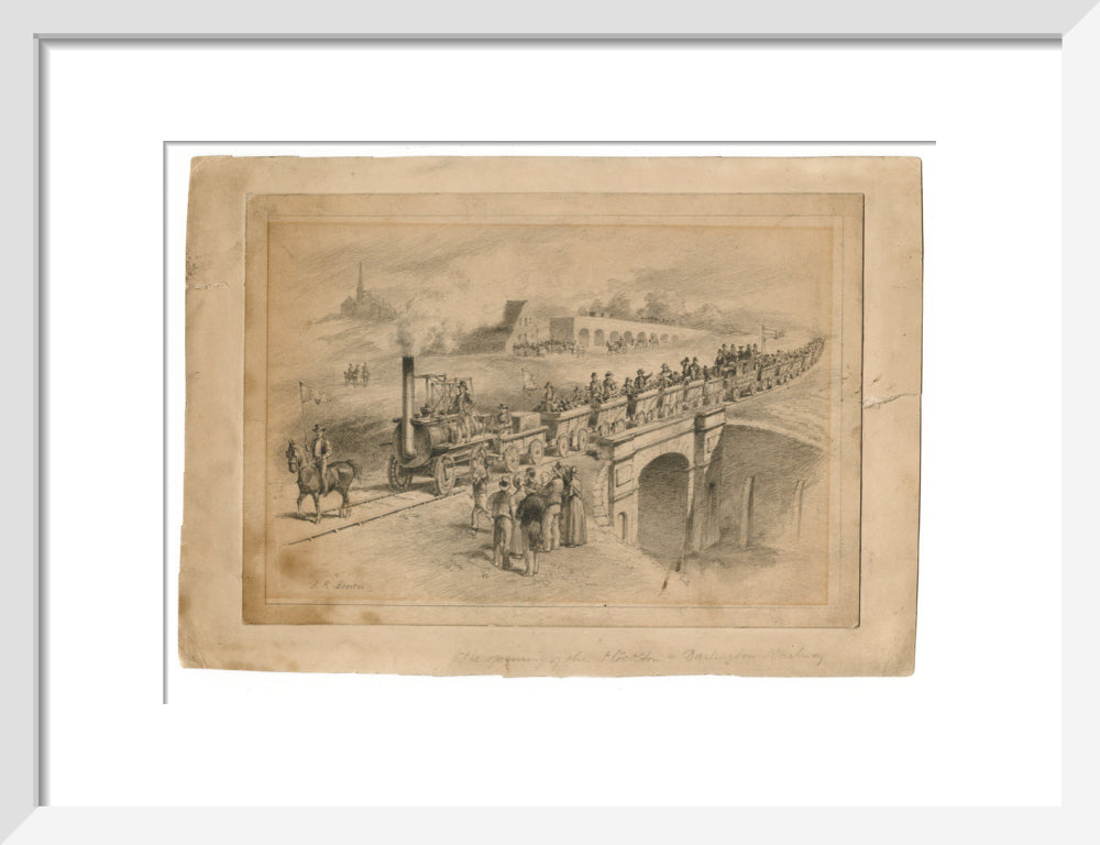 Pencil drawing The Opening of the Stockton and Darlington Railway, Sept.27th 1825 by J. R. Brown. art print small white Art Print - Science Museum Shop