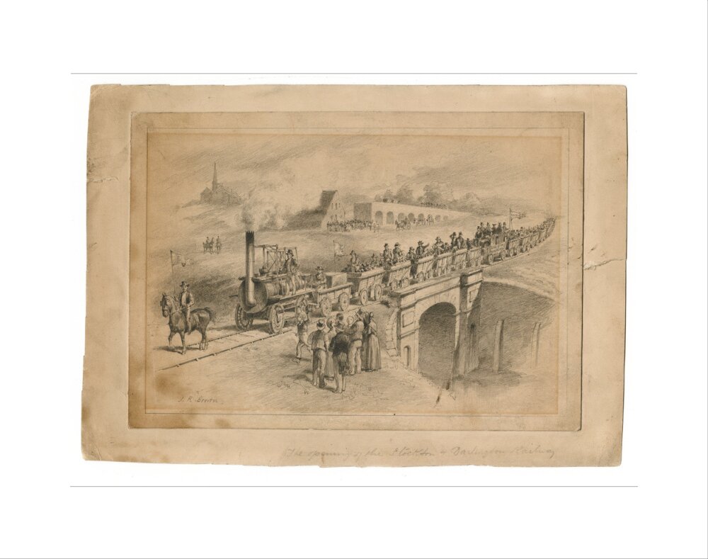 Pencil drawing The Opening of the Stockton and Darlington Railway, Sept.27th 1825 by J. R. Brown. art print extra small none Art Print - Science Museum Shop