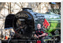 Kevin MacDonald from the Red Hot Chilli Pipers beside Flying Scotsman. stretched canvas large none Art Print - Science Museum Shop