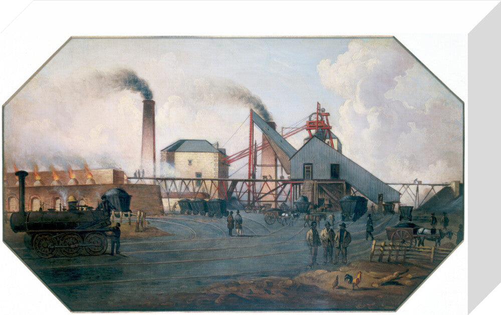 'North Eastern coalfield: colliery pit-head and coking ovens', c 1845. stretched canvas small none Art Print - Science Museum Shop
