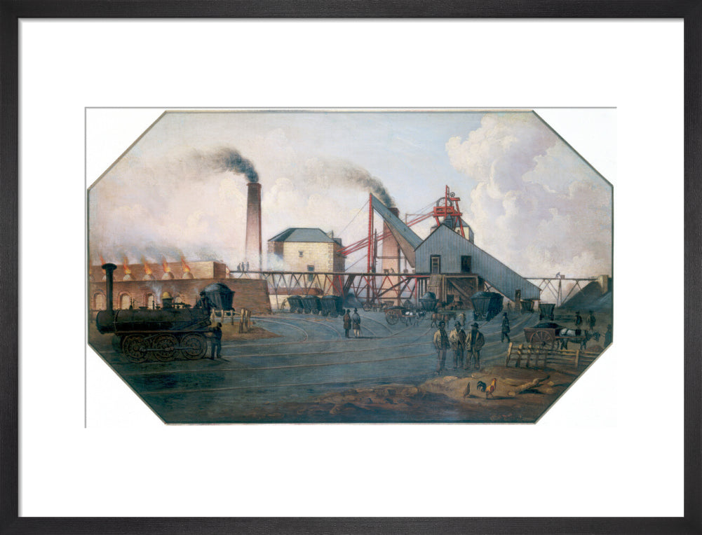 'North Eastern coalfield: colliery pit-head and coking ovens', c 1845. art print medium black Art Print - Science Museum Shop