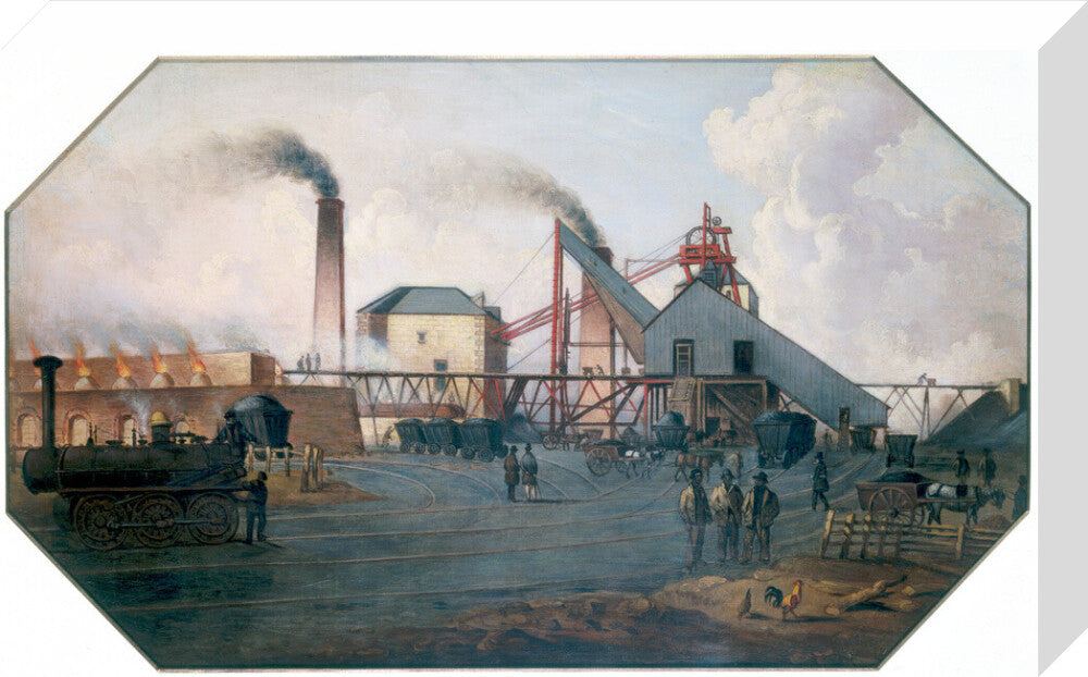 'North Eastern coalfield: colliery pit-head and coking ovens', c 1845. stretched canvas medium none Art Print - Science Museum Shop