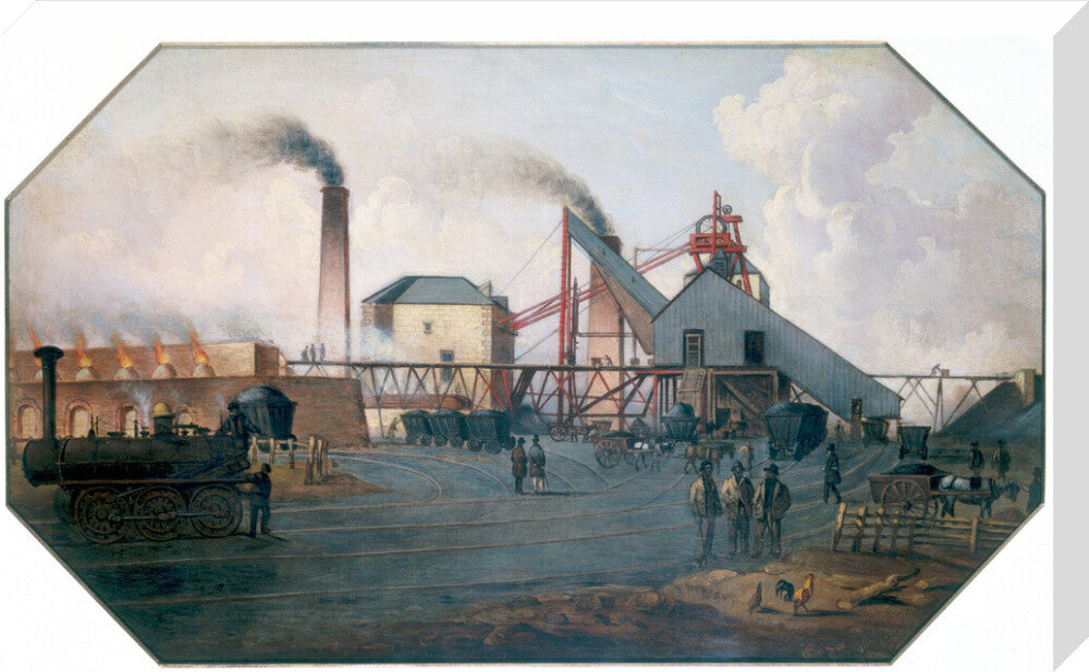 'North Eastern coalfield: colliery pit-head and coking ovens', c 1845. stretched canvas large none Art Print - Science Museum Shop