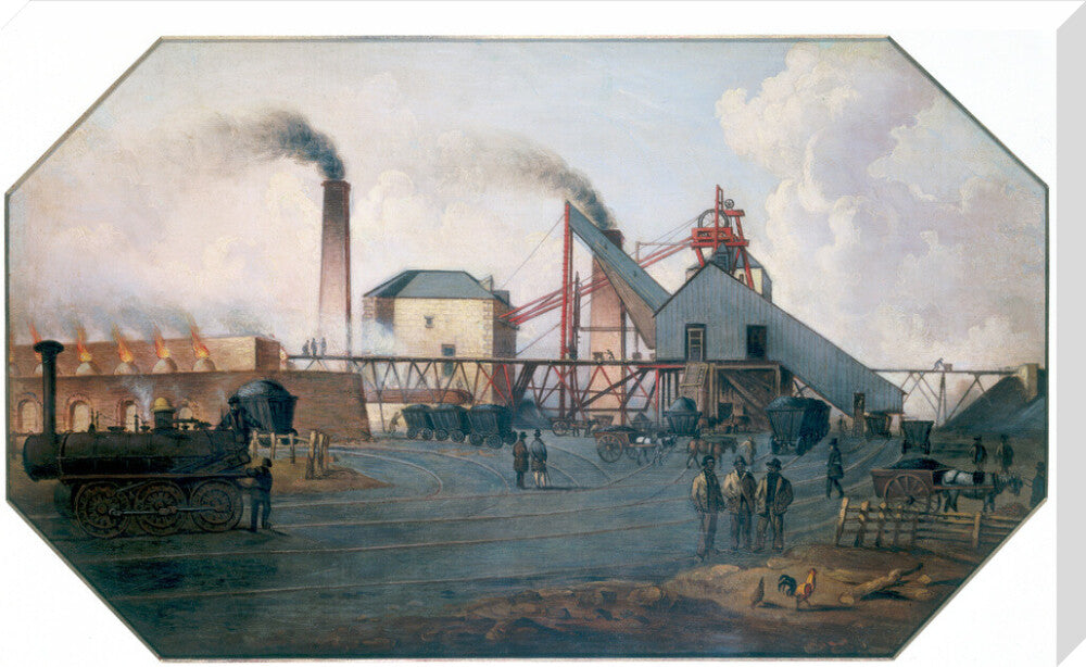 'North Eastern coalfield: colliery pit-head and coking ovens', c 1845. stretched canvas extra large none Art Print - Science Museum Shop