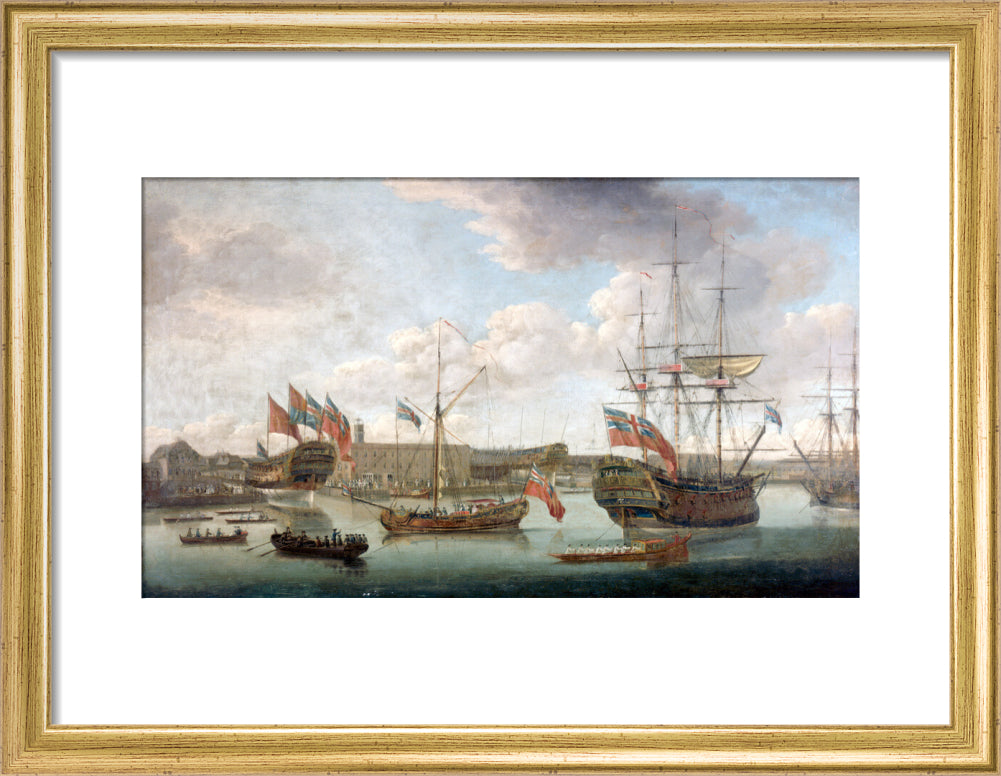 'Launch at Deptford Dockyard', c 1750. art print small gold Art Print - Science Museum Shop