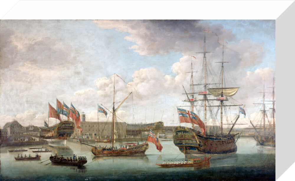 'Launch at Deptford Dockyard', c 1750. stretched canvas small none Art Print - Science Museum Shop