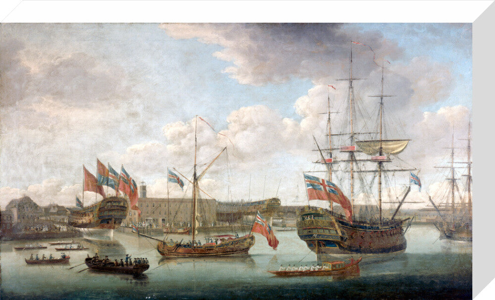 'Launch at Deptford Dockyard', c 1750. stretched canvas medium none Art Print - Science Museum Shop