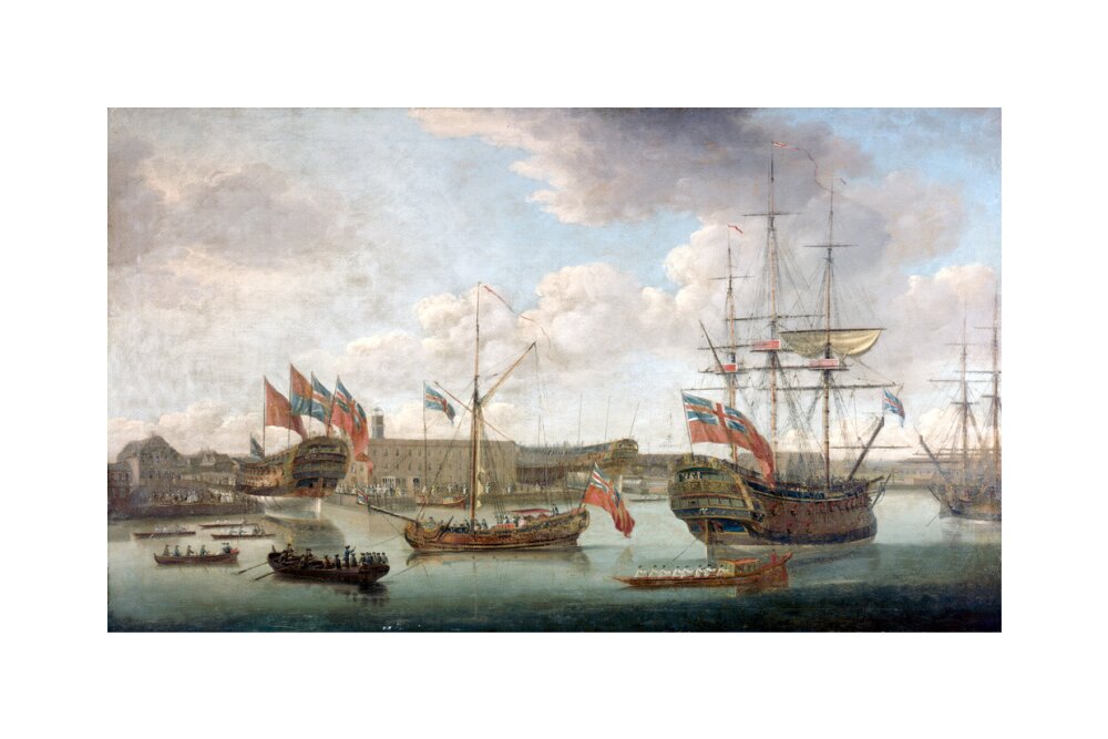 'Launch at Deptford Dockyard', c 1750. unstretched canvas medium none Art Print - Science Museum Shop