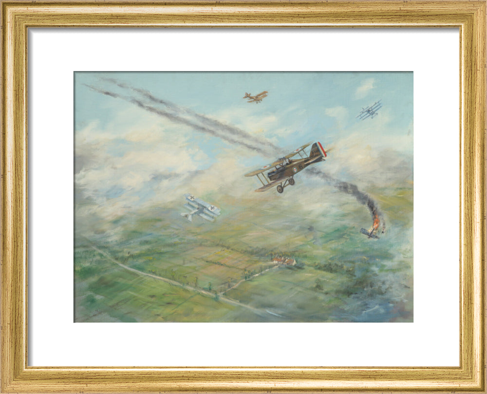 Painting of a dogfight, with five fighter aircraft of World War I art print extra small gold Art Print - Science Museum Shop