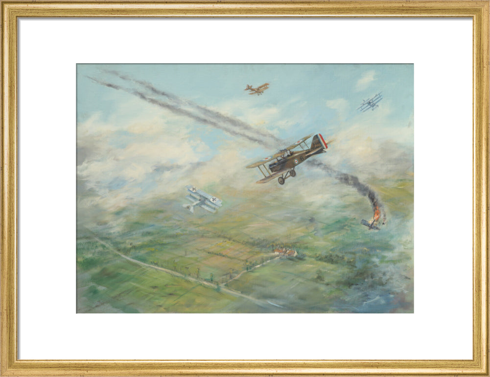 Painting of a dogfight, with five fighter aircraft of World War I art print medium gold Art Print - Science Museum Shop