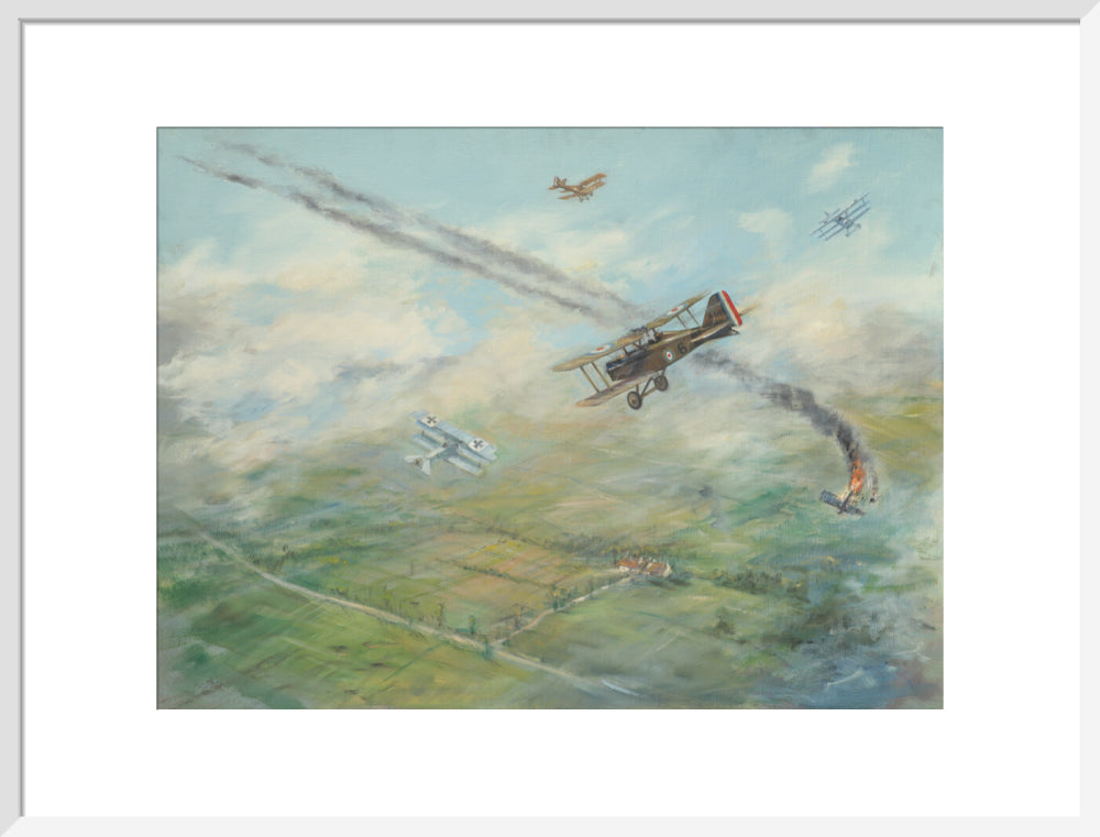 Painting of a dogfight, with five fighter aircraft of World War I art print large white Art Print - Science Museum Shop