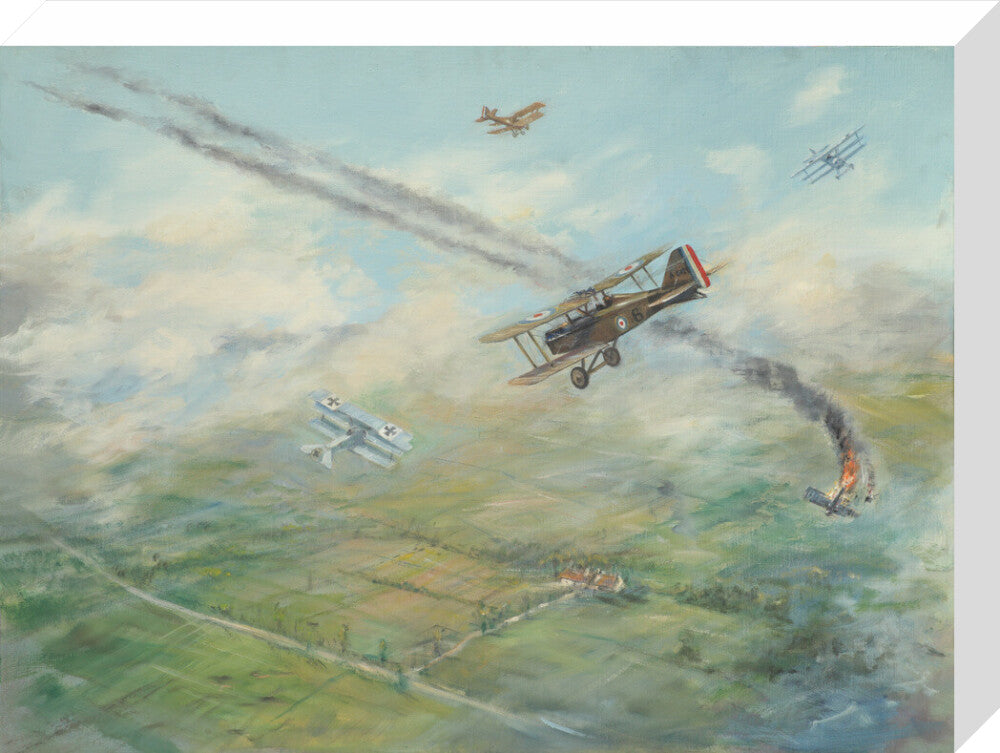 Painting of a dogfight, with five fighter aircraft of World War I stretched canvas medium none Art Print - Science Museum Shop