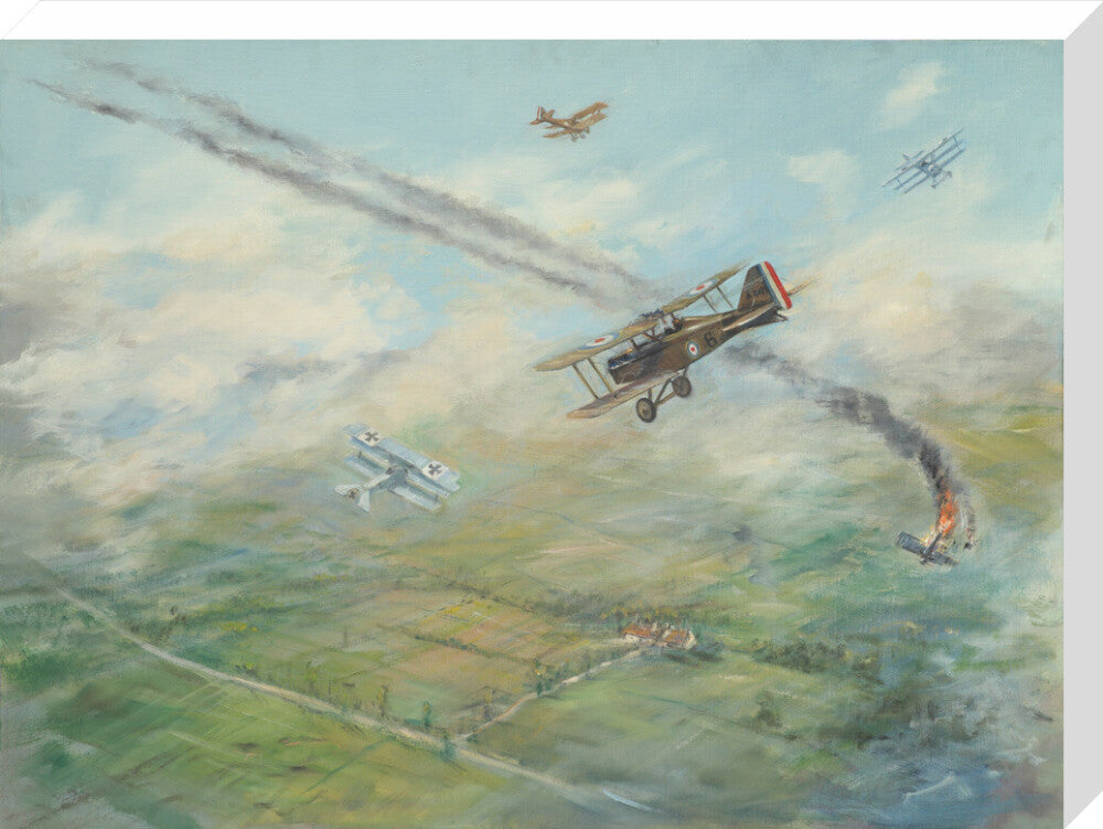 Painting of a dogfight, with five fighter aircraft of World War I stretched canvas large none Art Print - Science Museum Shop