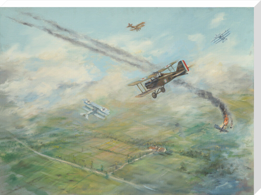 Painting of a dogfight, with five fighter aircraft of World War I stretched canvas extra large none Art Print - Science Museum Shop
