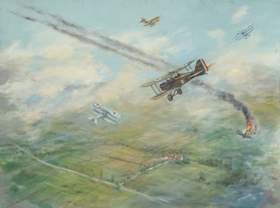 Painting of a dogfight, with five fighter aircraft of World War I Art Print - Science Museum Shop