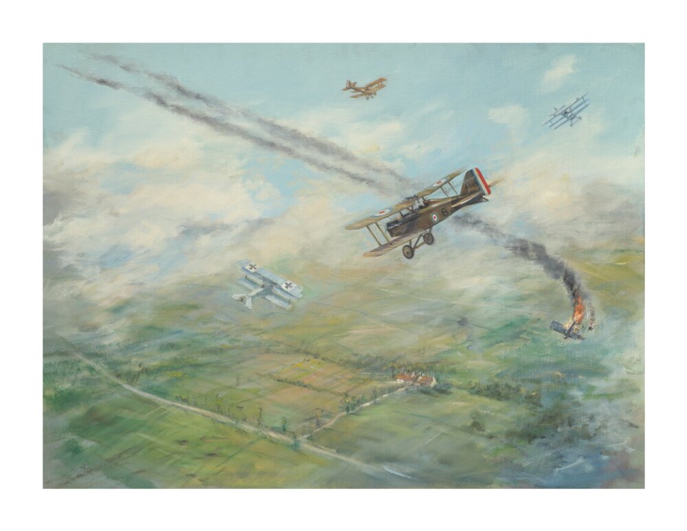 Painting of a dogfight, with five fighter aircraft of World War I unstretched canvas extra large none Art Print - Science Museum Shop