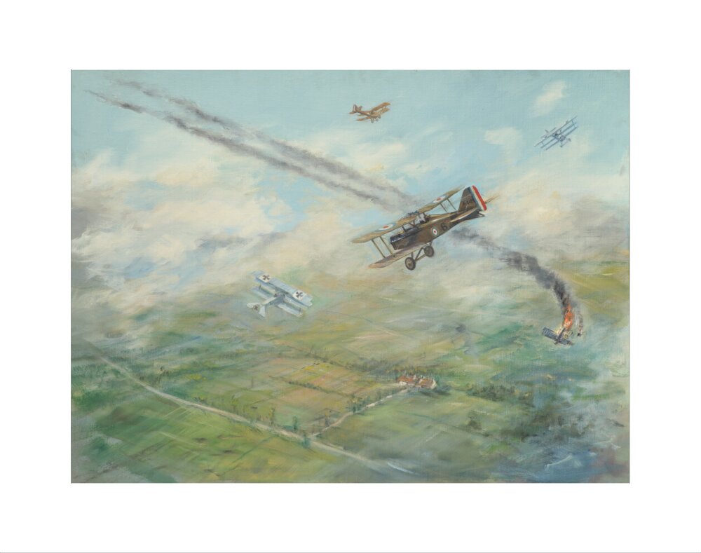 Painting of a dogfight, with five fighter aircraft of World War I art print extra small none Art Print - Science Museum Shop