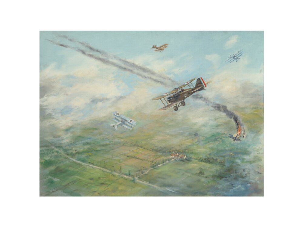 Painting of a dogfight, with five fighter aircraft of World War I art print small none Art Print - Science Museum Shop