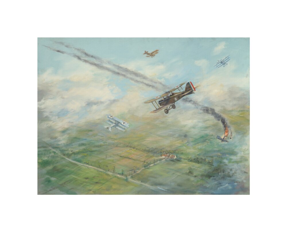 Painting of a dogfight, with five fighter aircraft of World War I unstretched canvas small none Art Print - Science Museum Shop