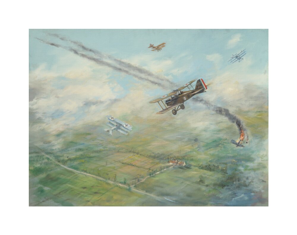 Painting of a dogfight, with five fighter aircraft of World War I unstretched canvas medium none Art Print - Science Museum Shop