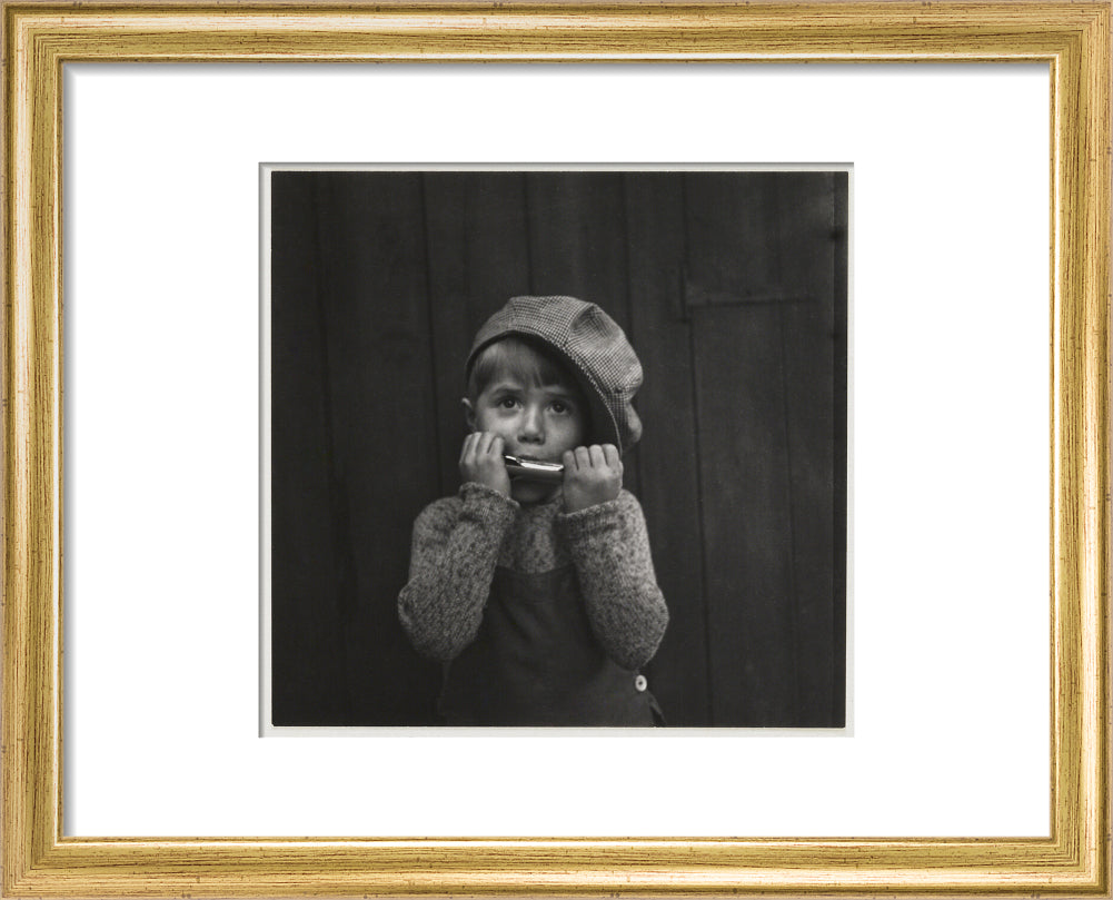 Boy playing the harmonica, about 1925 art print extra small gold Art Print - Science Museum Shop