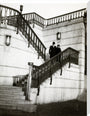 Couple walking down steps stretched canvas extra large none Art Print - Science Museum Shop