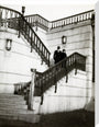 Couple walking down steps stretched canvas large none Art Print - Science Museum Shop