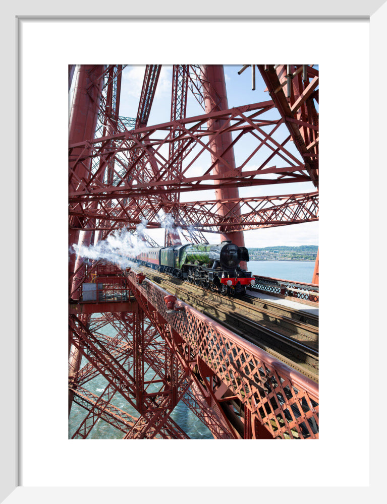 Flying Scotsman crossing the Forth Bridge, Scotland. art print small white Art Print - Science Museum Shop