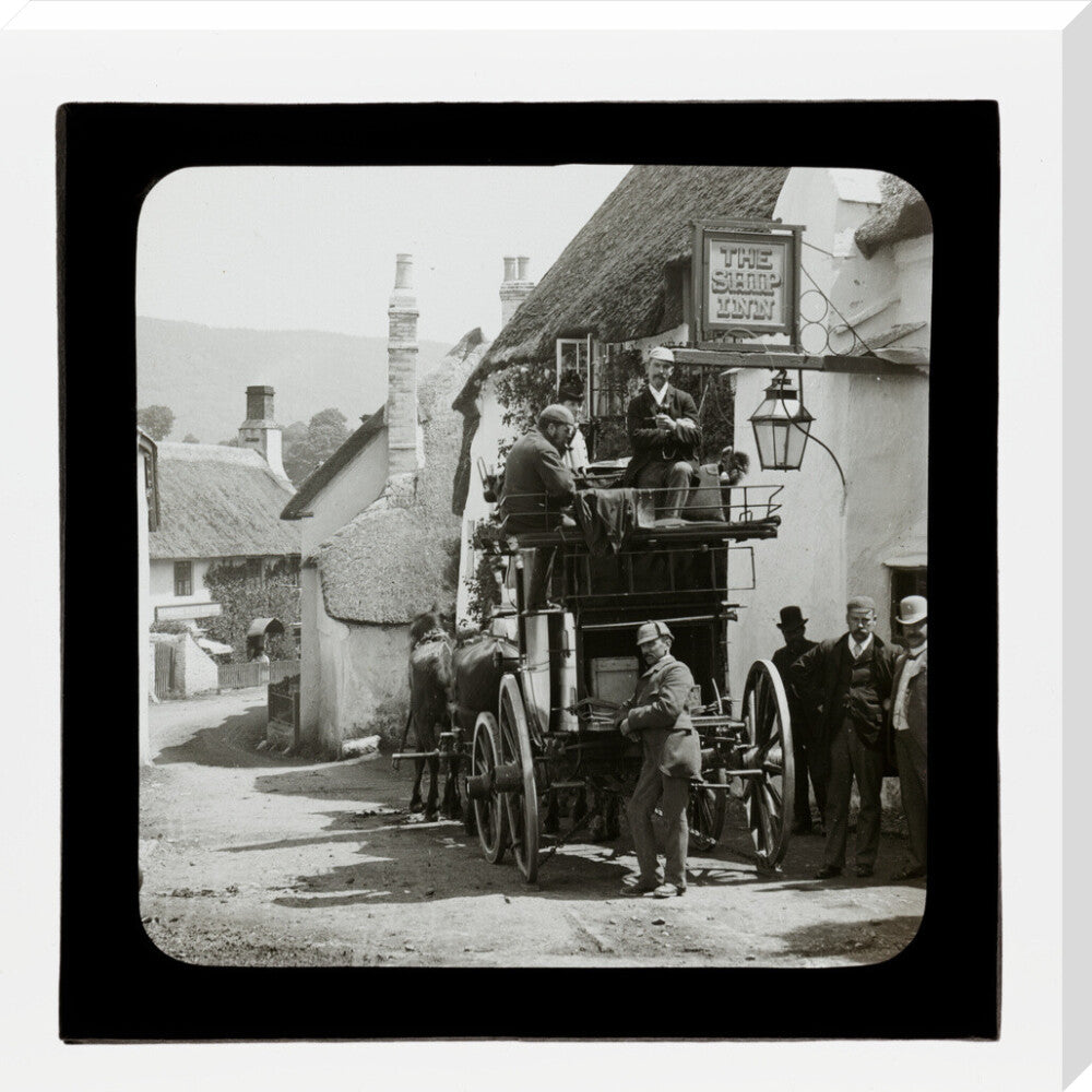 A magic lantern slide showing Birt Acres sitting on a coach whilst attending a meeting of photographers in Porlock, c.1893. stretched canvas extra large none Art Print - Science Museum Shop