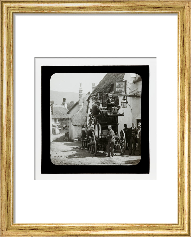 A magic lantern slide showing Birt Acres sitting on a coach whilst attending a meeting of photographers in Porlock, c.1893. art print extra small gold Art Print - Science Museum Shop