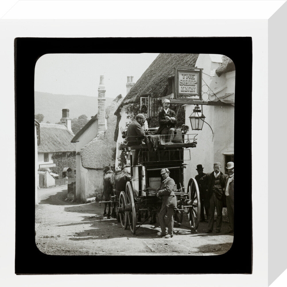 A magic lantern slide showing Birt Acres sitting on a coach whilst attending a meeting of photographers in Porlock, c.1893. stretched canvas small none Art Print - Science Museum Shop