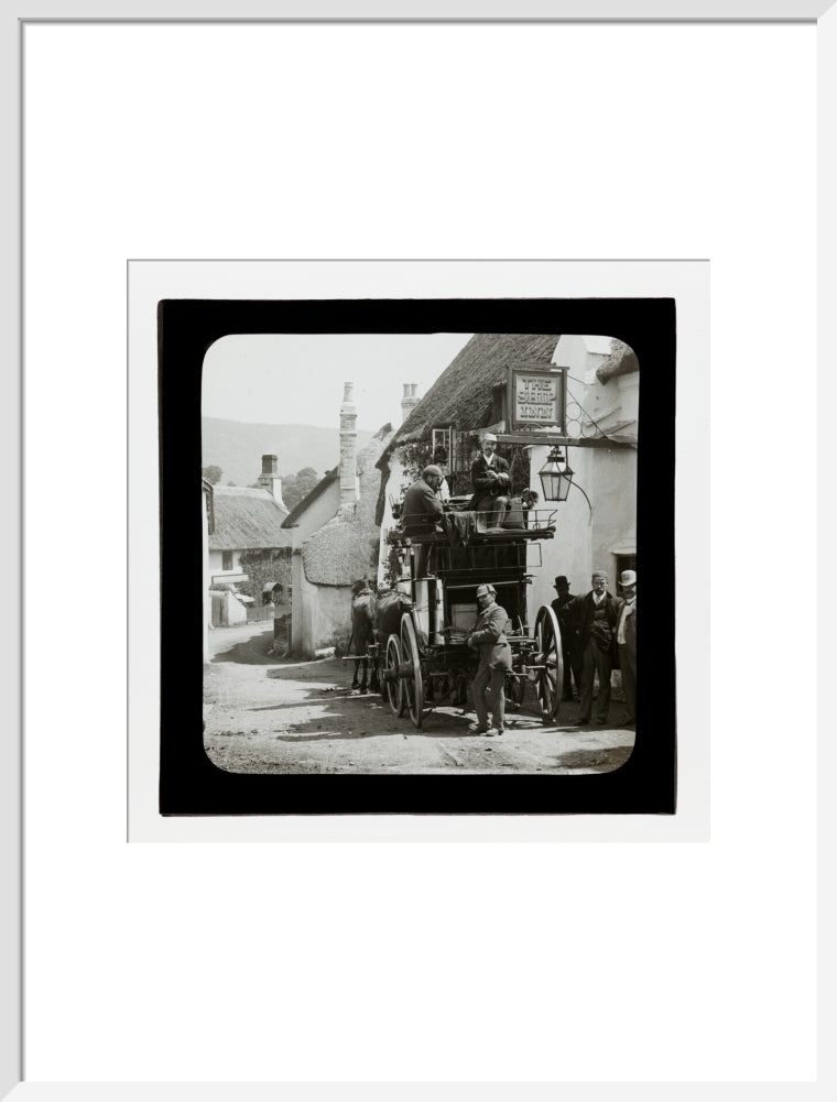 A magic lantern slide showing Birt Acres sitting on a coach whilst attending a meeting of photographers in Porlock, c.1893. art print large white Art Print - Science Museum Shop