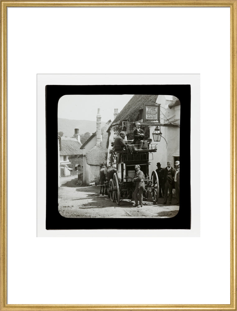 A magic lantern slide showing Birt Acres sitting on a coach whilst attending a meeting of photographers in Porlock, c.1893. art print extra large gold Art Print - Science Museum Shop