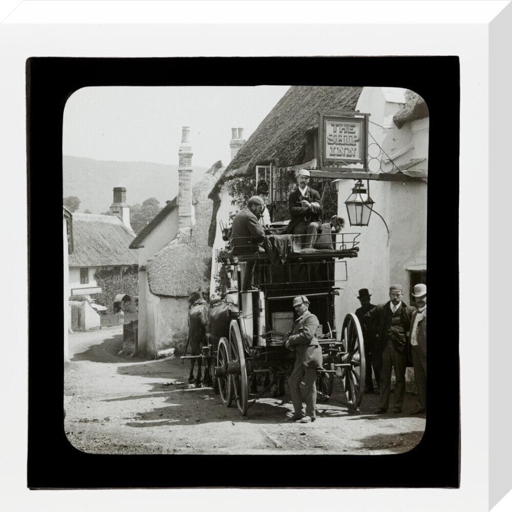 A magic lantern slide showing Birt Acres sitting on a coach whilst attending a meeting of photographers in Porlock, c.1893. stretched canvas medium none Art Print - Science Museum Shop